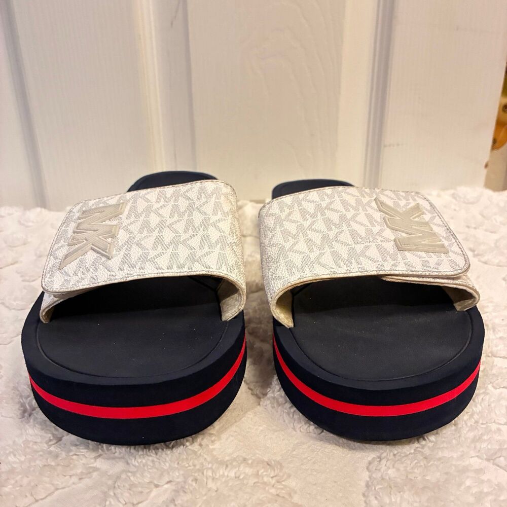 RUNWAY MICHAEL KORS WHITE BLUE RED LOGO SLIP ON SANDAL SLIDE Womens Size 10